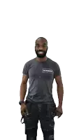 a man with a beard is wearing a gray shirt that says ' silverlineman ' on the front