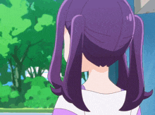 a girl with purple hair and pigtails is looking at something