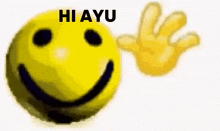 a smiley face with a hand behind it that says hi ayu