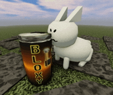 a cartoon rabbit drinking a can of bloxy