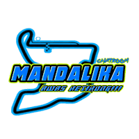 a logo for mandalika chatroom with a blue and yellow track