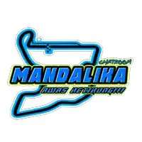 a logo for mandalika chatroom with a blue and yellow track