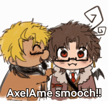 a drawing of two boys with the words axelame smooch