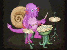 a purple octopus is playing drums with a snail on its back