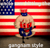 a cartoon of uncle sam is standing in front of an american flag