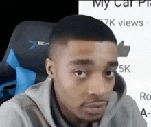 a man is sitting in a chair and making a funny face while looking at the camera .