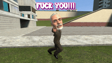 a cartoon character with a big head and the words " fuck you !!! " above him
