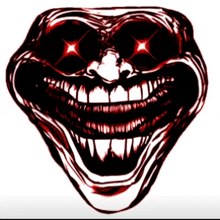 a drawing of a troll face with red eyes and a big smile