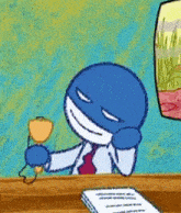 a cartoon character is sitting at a desk holding a bell and smiling