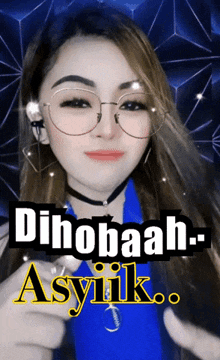 a woman wearing glasses and a choker with the words dinobaah-asyiik