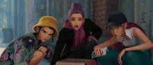three cartoon characters are looking at something in a room