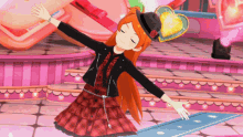 a girl in a plaid dress and top hat is dancing on a stage