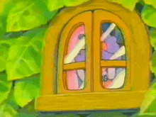 a cartoon character with purple hair is sitting on a green leaf