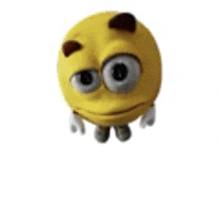 a yellow smiley face with big eyes and a brown nose is flying in the air .