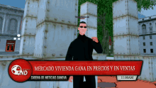 a man stands in front of a sign that says mercado vivienda