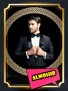 a man in a tuxedo with a speech bubble that says almohib on it
