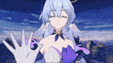 a cartoon character with blue hair and wings is waving her hand