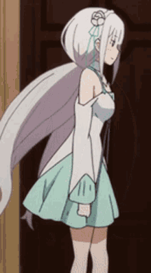 a girl with long white hair and a blue dress is standing in front of a brown door .