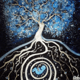 a painting of a tree with roots and a baby in it