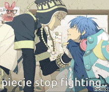 a picture of two anime characters with the words " plecie stop fighting "