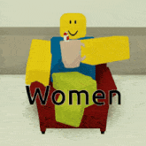 a roblox character is sitting in a chair with the word women on the bottom