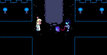 a pixel art of a girl holding a sword and a boy holding a sword .