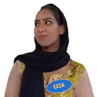 a woman wearing a black scarf and a name tag that says ezza