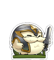a sticker of a cartoon character with a helmet and sword