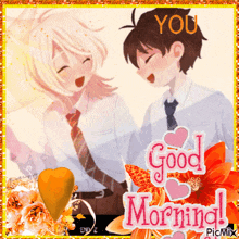 a picture of a boy and a girl with the words good morning on it