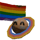 a cartoon drawing of a planet with a rainbow colored ring around it