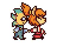 a pixel art drawing of a man and a woman holding hands