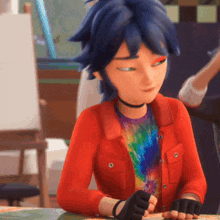 a cartoon character wearing a tie dye shirt and a red jacket is sitting at a table