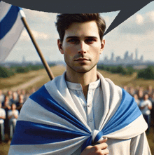 a man with a blue and white striped scarf around his neck