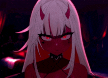 a girl with white hair and red horns has a cross tattoo on her forehead