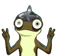 a cartoon of a lizard with a hat on giving a peace sign