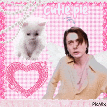 a picture of a man with wings and a white kitten with the words cutie pie