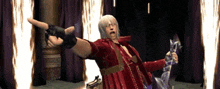 a man in a red coat is holding a sword and pointing