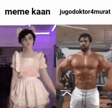 a woman in a pink dress is next to a muscular man in a gym .