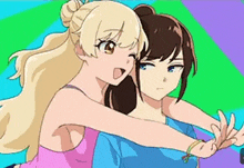 two anime girls are hugging each other on a motorcycle .