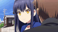 a boy and a girl are looking at each other and the girl has yellow eyes