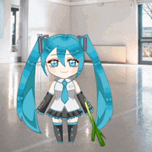a cartoon girl with blue hair is holding a green plant
