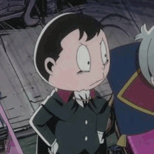 a cartoon boy in a suit and tie is standing next to a girl in a pink dress .