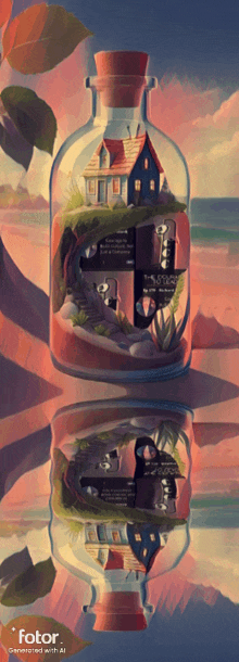 a painting of a house inside of a bottle with the word fotor on the bottom