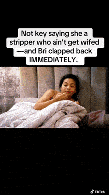 a woman laying in bed with a caption that says not key saying
