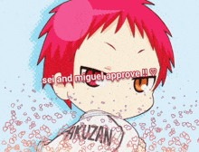 a red haired anime character with the words sei and miguel approve