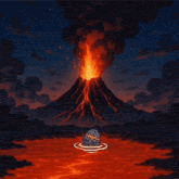 an illustration of a volcano erupting with a rock in the middle