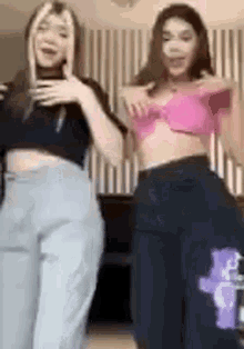 two women are standing next to each other in a living room .
