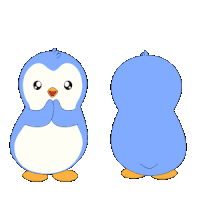two blue penguins are standing next to each other with their arms outstretched