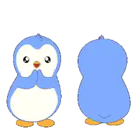 two blue penguins are standing next to each other with their arms outstretched