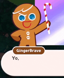 a gingerbread man is holding a candy cane in a video game called cookie run .